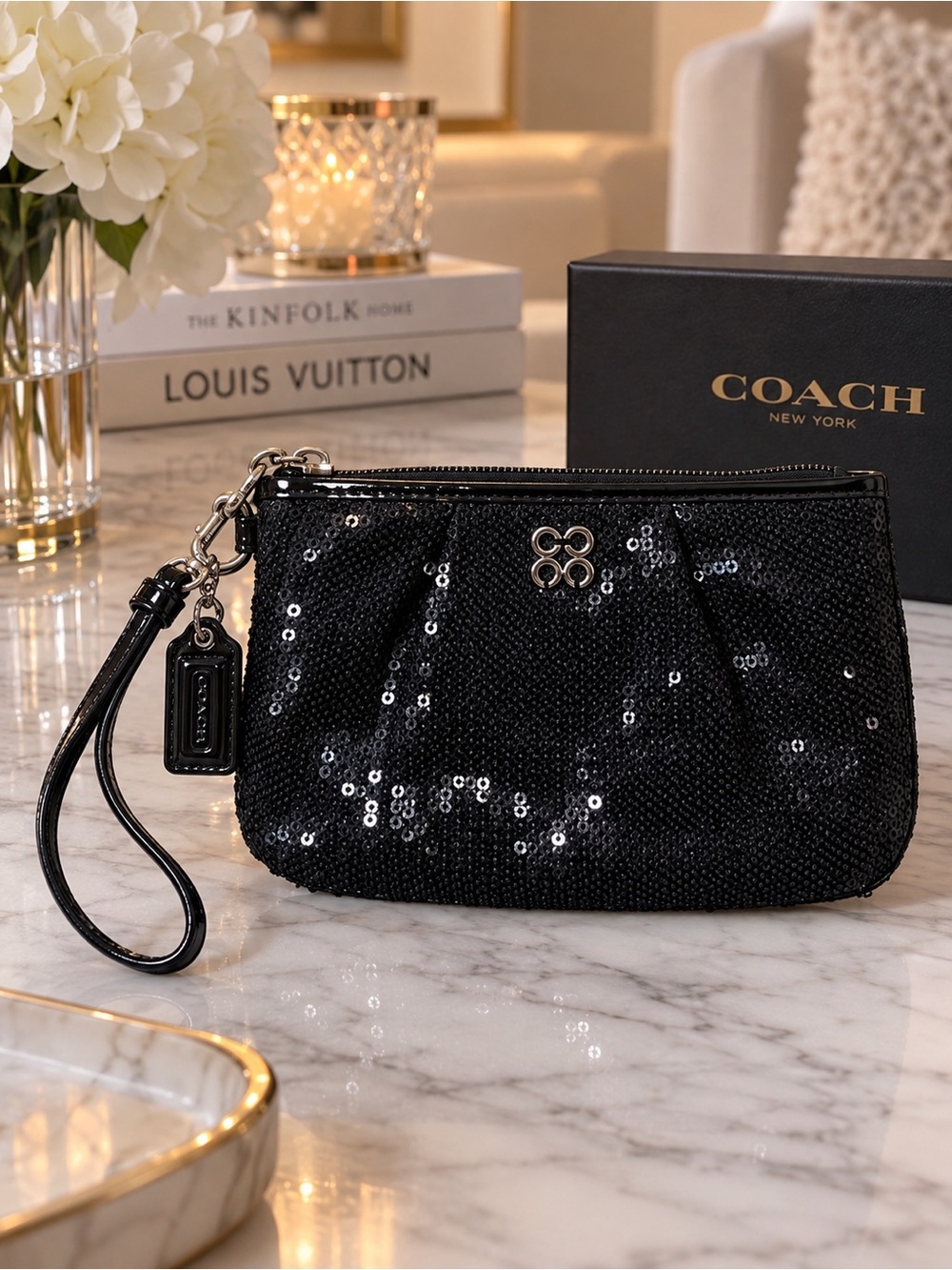 Coach Black Sequin Wristlet Clutch Silver Hardware Purple Lining